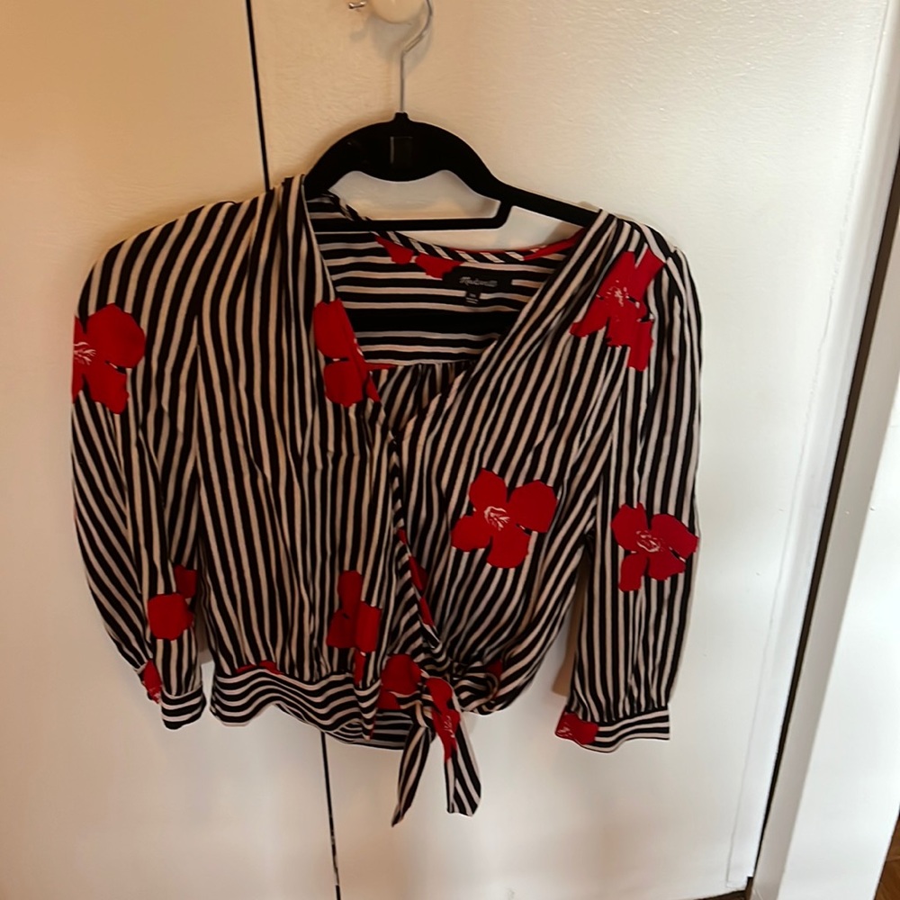 Madewell black and white stripe blouse with red flowers